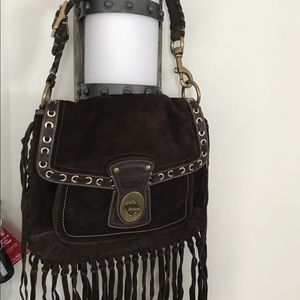 Genuine Brown suede shoulder bag with fringes